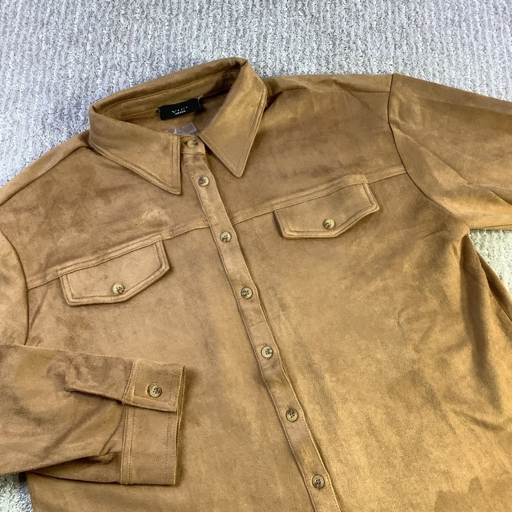VICI Faux Suede Button Down Long Sleeve Shirt Camel Brown Size S NWOT